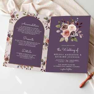 Invitation Code QR Floral Taupe Neutre Mariage Violet Poussié