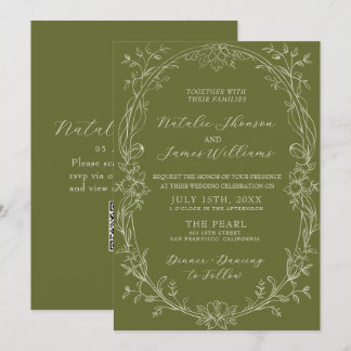 Invitation Code QR floral vert olive élégant pour mariage Old