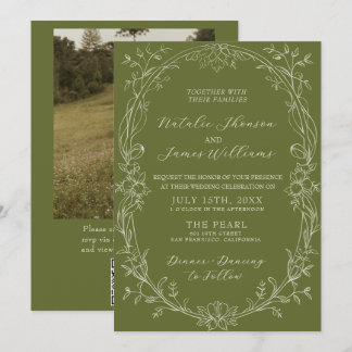 Invitation Code QR floral vert olive Photo Mariage Argent Anc