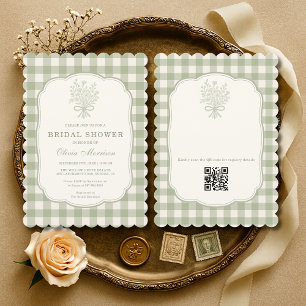 Invitation Code QR Gingham Vert Sauge Floral Fête de Mariage