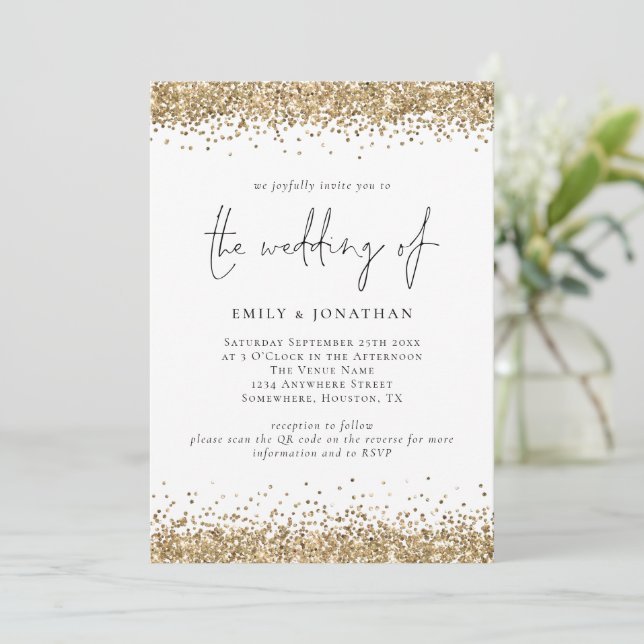 Invitation Code QR Glam Or Bords Pailletés Mariage (Debout devant)
