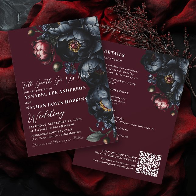 Invitation Code QR gothique Mariage rouge sombre Moody Peony (Créateur téléchargé)