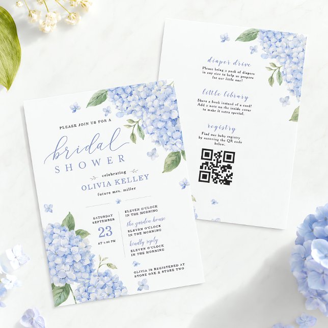 Invitation Code QR Hydrangea Bleue Floral Aquarelle (Blue Hydrangea Qr Code Watercolor Floral Invitation)