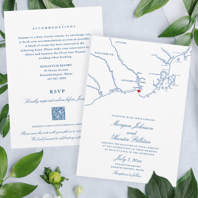 Invitation Code QR Kennebunkport All-in-One RSVP Mariage (These double sided Kennebunkport Wedding invitations save paper and stamps with a QR code RSVP)