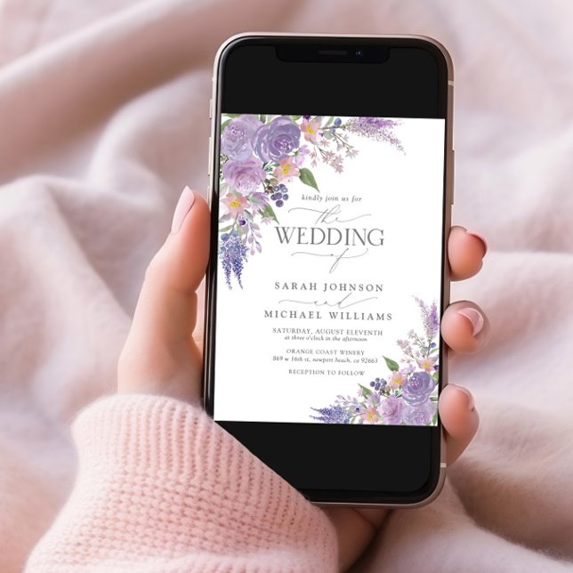 Invitation Code QR Lavande Lavande Mauve Script Mariage flora (Créateur téléchargé)