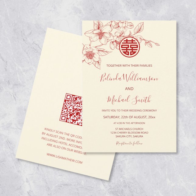 Invitation Code QR | Magnolia Red Cream Mariage chinois (Créateur téléchargé)