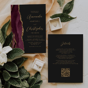 Invitation Code QR Mariage Agate Or Bourgogne Foncé