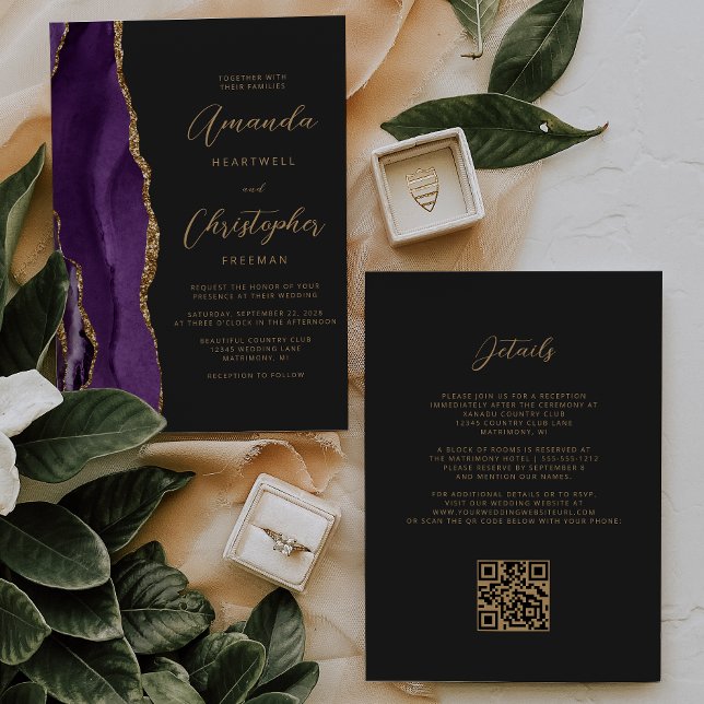 Invitation Code QR Mariage Agate Or Violet Foncé (Créateur téléchargé)
