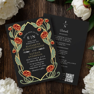 Invitation Code QR mariage Art Nouveau Élégant Rouge Pivoine