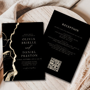 Invitation Code QR Mariage Black Gold Agate Elegant