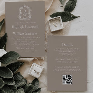 Invitation Code QR Mariage Blason Monogramme Taupe Classique
