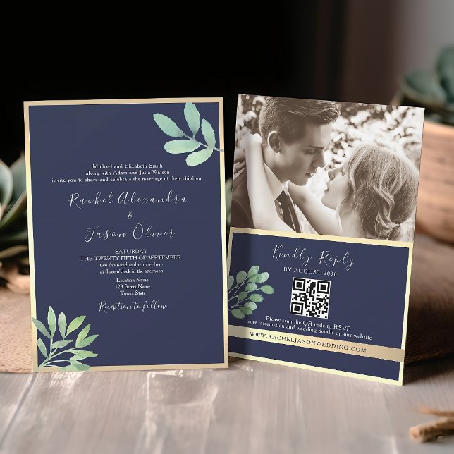 Invitation Code QR Mariage Bleu Nuit Botanique (Créateur téléchargé)