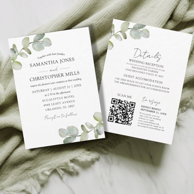 Invitation Code QR Mariage Botanique Eucalyptus Rustique (Créateur téléchargé)