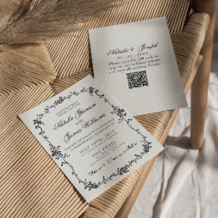 Invitation Code QR Mariage Botanique Noir Blanc Floral Élégan