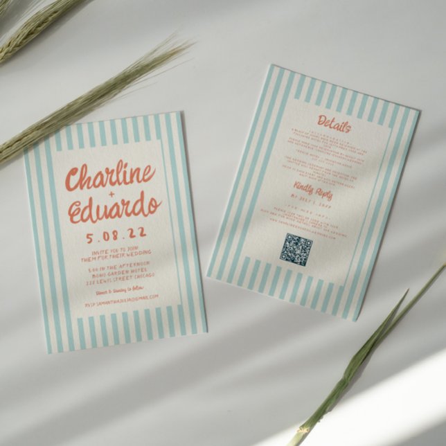 Invitation Code QR Mariage d'écriture bleue et rouge ondulée (Créateur téléchargé)