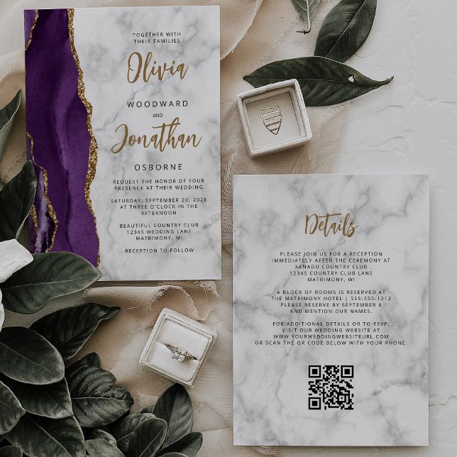 Invitation Code QR Mariage écriture Marbre Agate Or Violet (Créateur téléchargé)