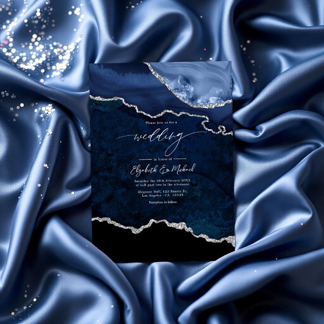 Invitation Code QR Mariage élégant Marine Blue and Silver Aga (Elegant Navy Blue and Silver Agate Wedding QR Code Invitation)