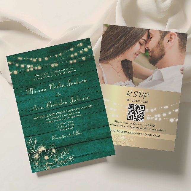 Invitation Code QR Mariage Emerald Green Rustic Wood (Créateur téléchargé)