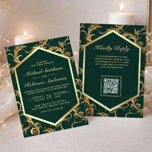 Invitation Code QR Mariage Floraison Or Vert Émeraude