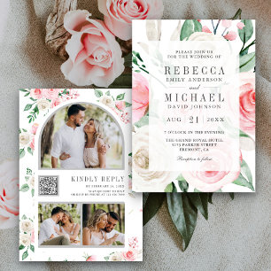 Invitation Code QR Mariage Floral Rose Pâle Ivoire Rustique