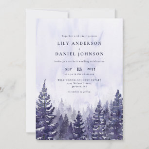Invitation Code QR mariage forêt de pins violets aquarelle
