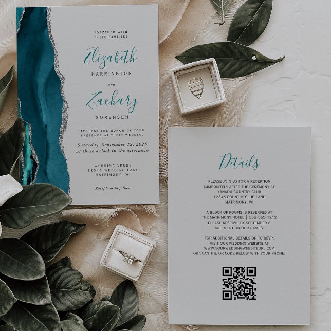 Invitation Code QR Mariage Gris Agate Argent Sarcelle Moderne (Créateur téléchargé)
