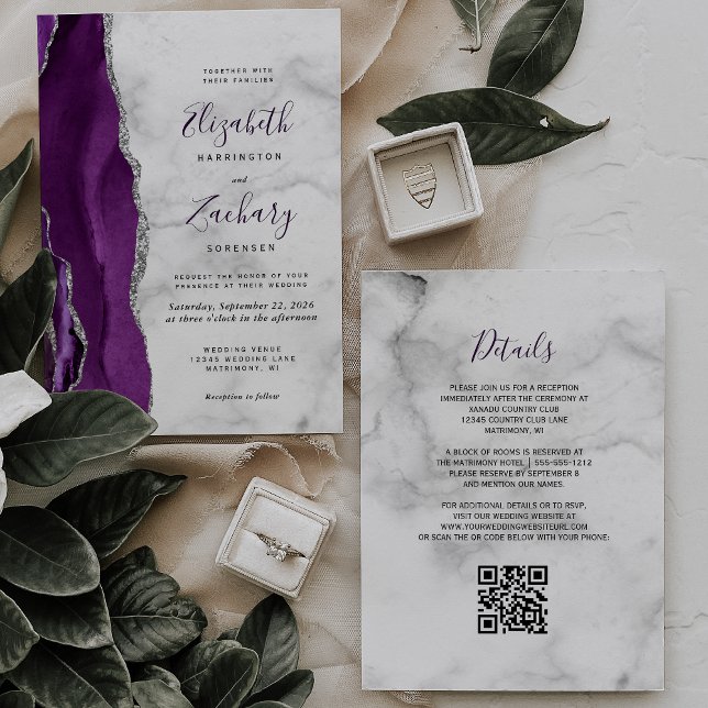 Invitation Code QR Mariage Marbre Agate Argent Violet (Créateur téléchargé)