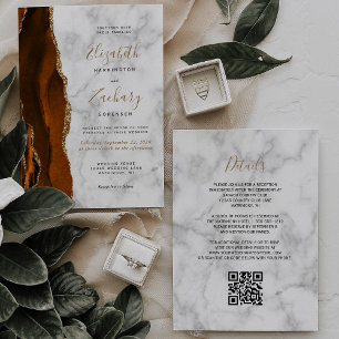 Invitation Code QR Mariage Marbre Agate Or Brûlé Doré