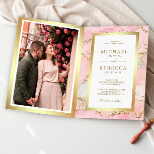 Invitation Code QR Mariage Marbre Agate Or Rose Blush