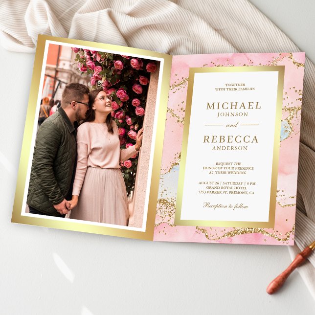 Invitation Code QR Mariage Marbre Agate Or Rose Blush (Créateur téléchargé)