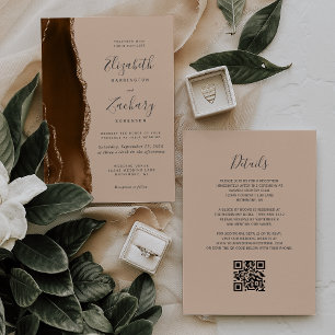 Invitation Code QR Mariage Marron Moka Agate Doré Tan