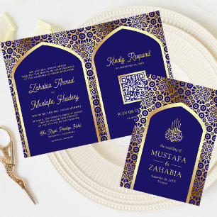 Invitation Code QR Mariage Musulman Arc Persan Bleu Royal
