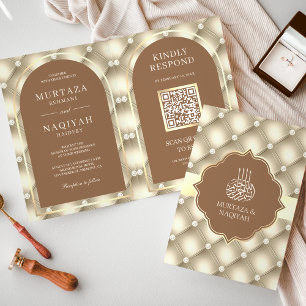 Invitation Code QR mariage musulman marron crème à motif touf
