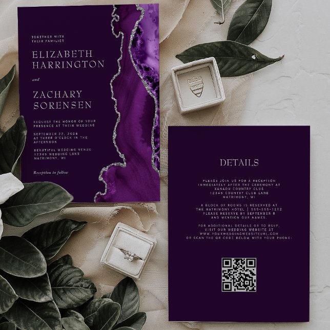 Invitation Code QR Mariage Prune Argent Agate Violet Élégant (Créateur téléchargé)