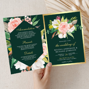 Invitation Code QR Mariage Rose Émeraude Floral Doré