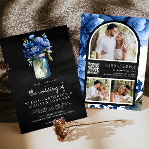 Invitation Code QR Mariage Royal Bleu Floral Bocal Noir