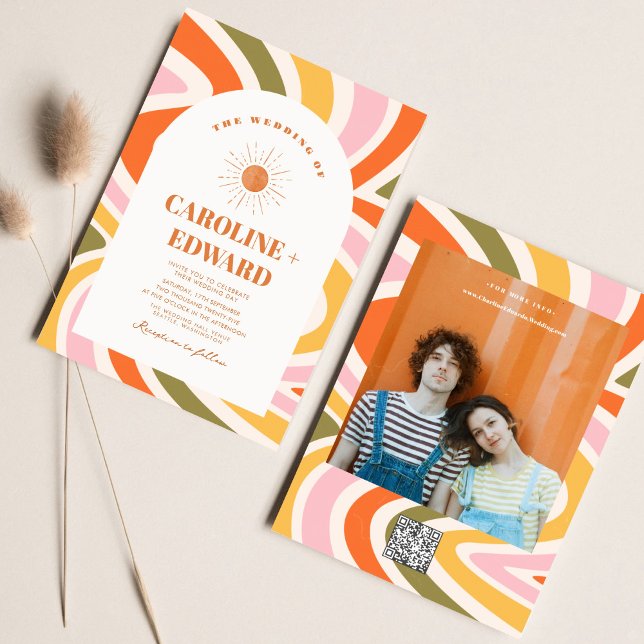 Invitation Code Qr Mariage Super Wavy Boho couleur rétro (Créateur téléchargé)