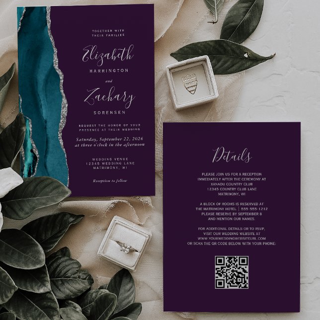 Invitation Code QR Mariage Turquoise Argent Agate Violet (Créateur téléchargé)