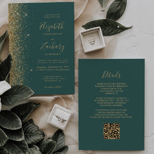 Invitation Code QR Mariage Vert Foncé Paillettes Dorées Moder