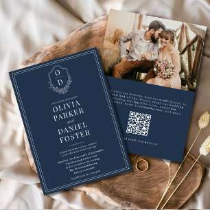 Invitation Code QR Marine Crest Bleu Photo Mariage élégant