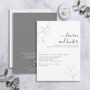 Invitation Code QR moderne Gris blanc Script Mariage botaniqu