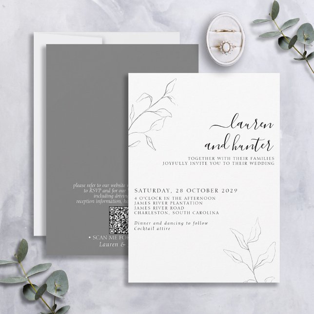 Invitation Code QR moderne Gris blanc Script Mariage botaniqu (Créateur téléchargé)