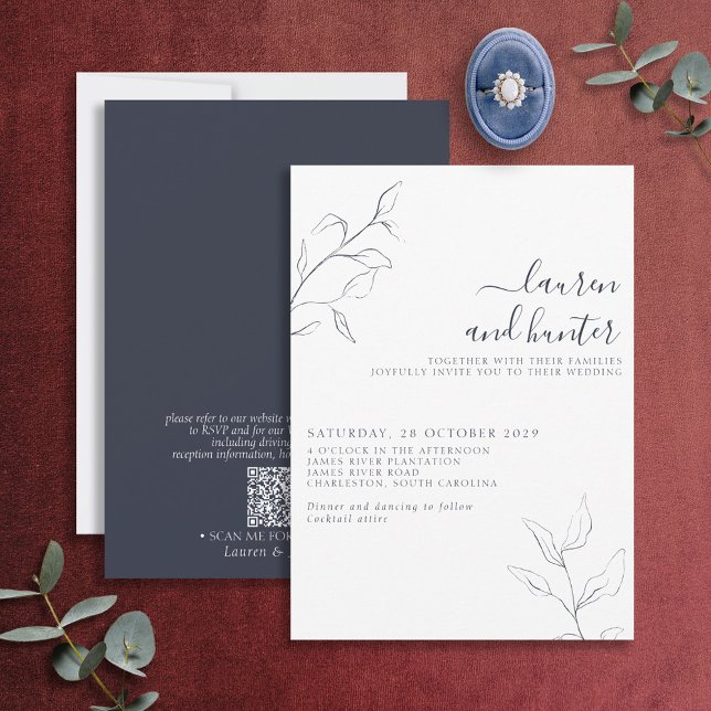 Invitation Code QR moderne Marine Bleu Script Mariage botaniq (Créateur téléchargé)