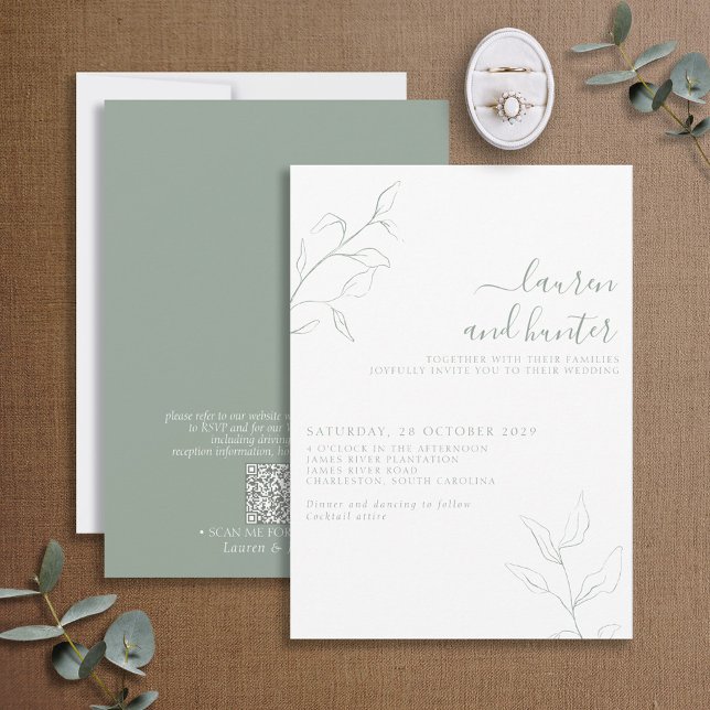 Invitation Code QR moderne Sage vert Script Mariage botanique (Créateur téléchargé)