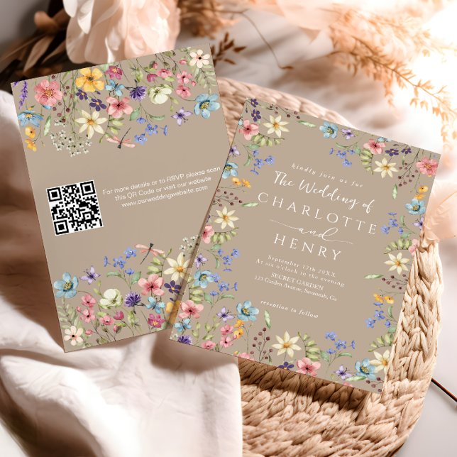 Invitation Code QR moderne Taupe Russe Fleur sauvage Mariage (Créateur téléchargé)