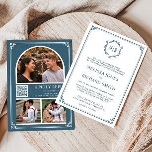 Invitation Code QR Monogramme Collage Photo Bleu Poussiéreux