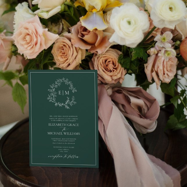 Invitation Code QR Monogramme officiel Emerald Green Leafy Cr (Créateur téléchargé)