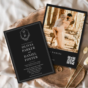 Invitation Code QR noir et blanc Classic Crest Photo Mariage
