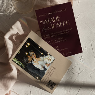 Invitation Code QR Or Photo de Mariage Rétro Or Bourgogne Élé