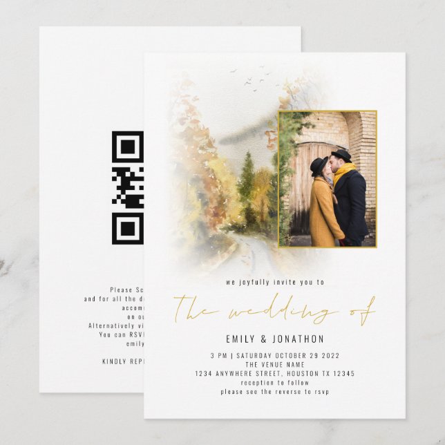 Invitation Code QR Photo Arbres d'Automne à l'Aquarelle Maria (Devant / Derrière)